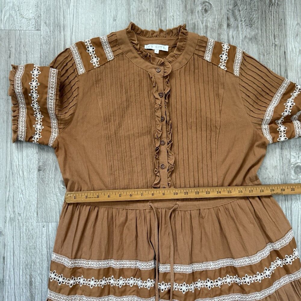 Ivy City Co. Cotton Santorini Dress L Brown Tiered Lace Trim Pintuck Midi Boho - Picture 9 of 10